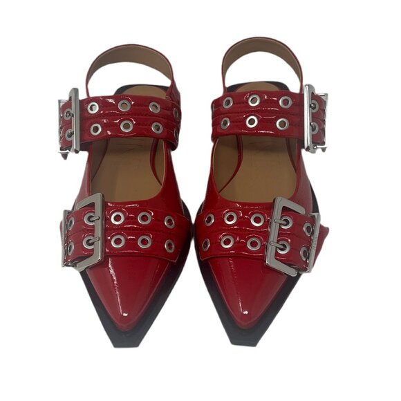 Ganni Red Leather Buckle Ballet Flats Sz-38 - Picture 2 of 4